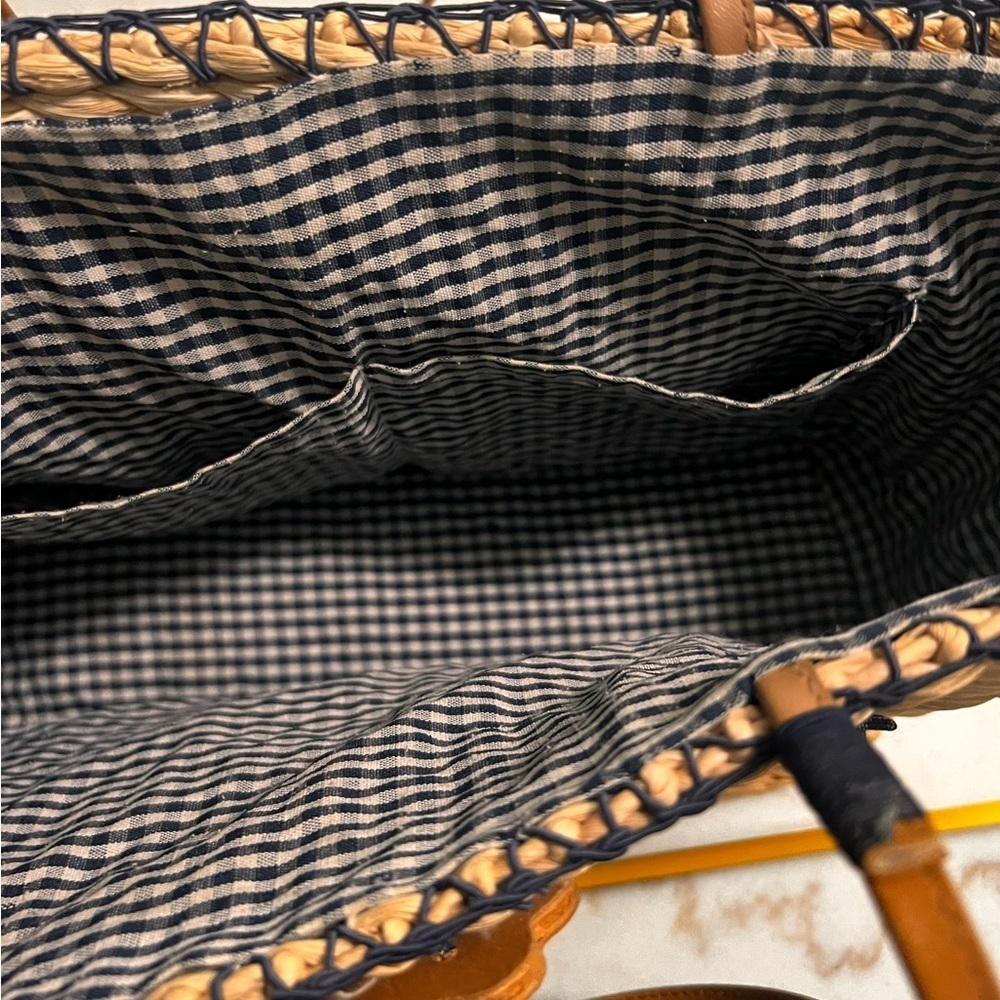 Breckenridge Straw Tote Bag Purse Blonde Wicker Rattan Picnic Blue Check Teacup - Picture 4 of 6